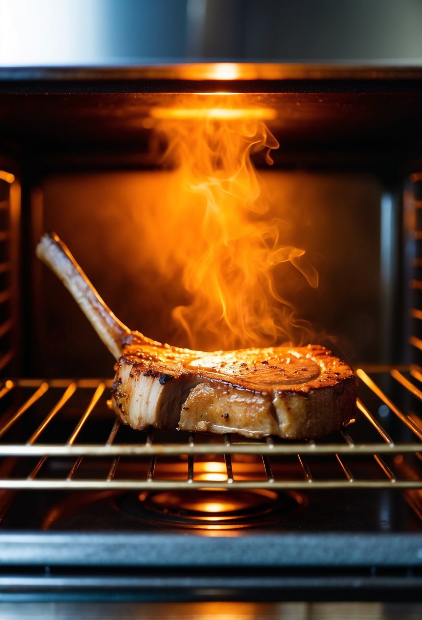 A sizzling Cajun sirloin chop cooking in a hot oven