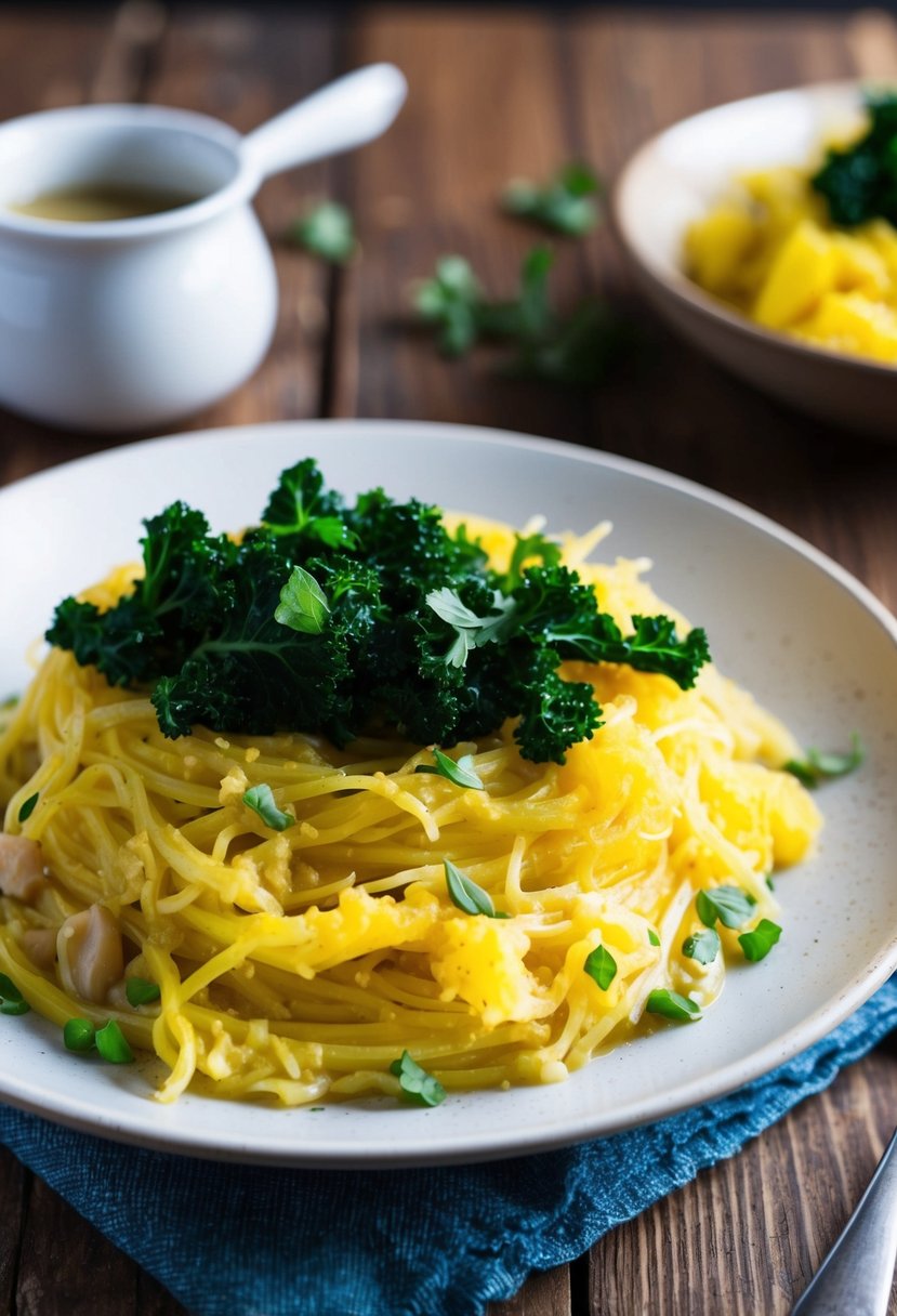 A steaming plate of creamy tahini spaghetti squash topped with sautéed kale, set on a rustic wooden table