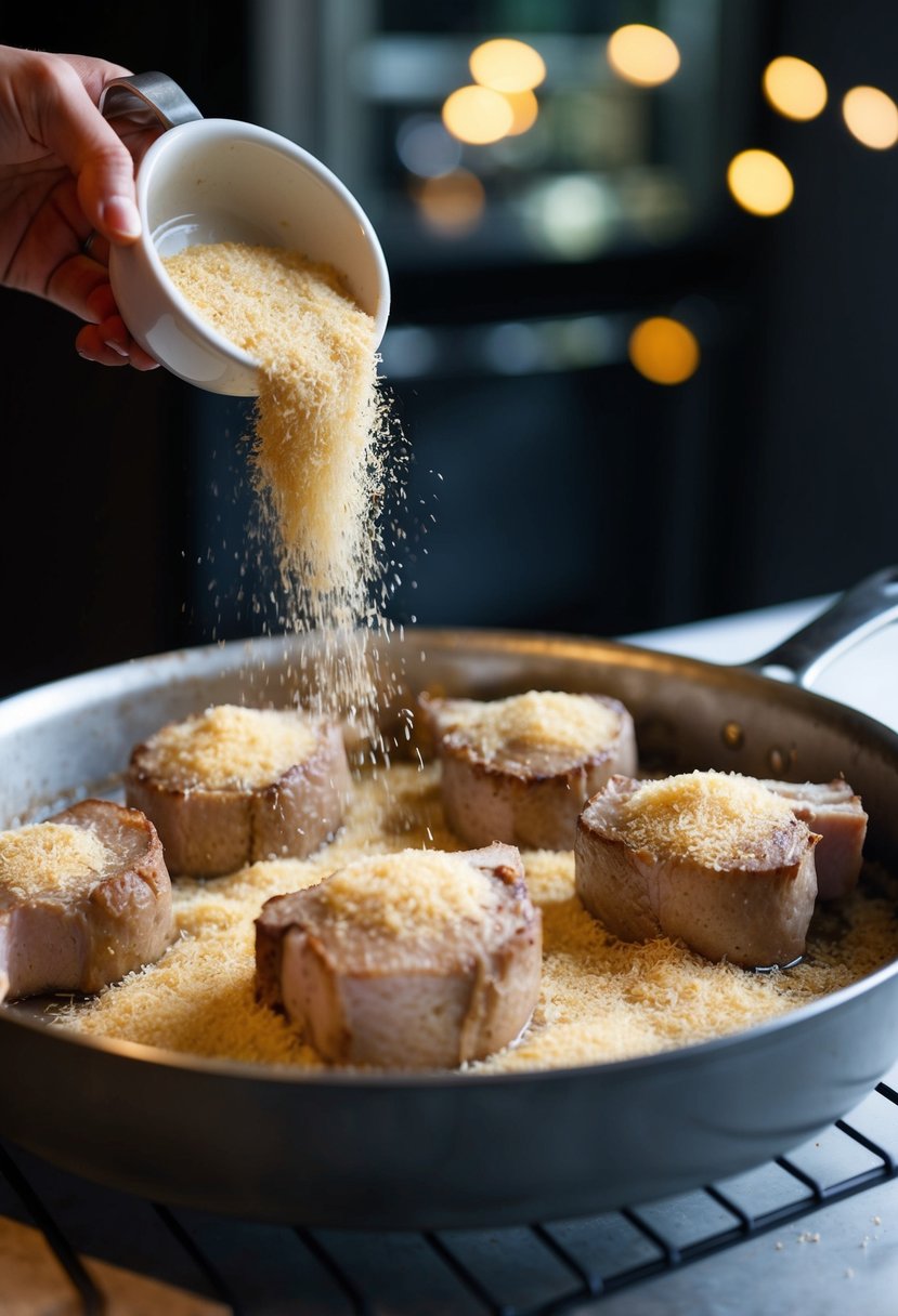 Savory onion soup mix sprinkled over sirloin chops in a roasting pan, ready to be placed in the oven