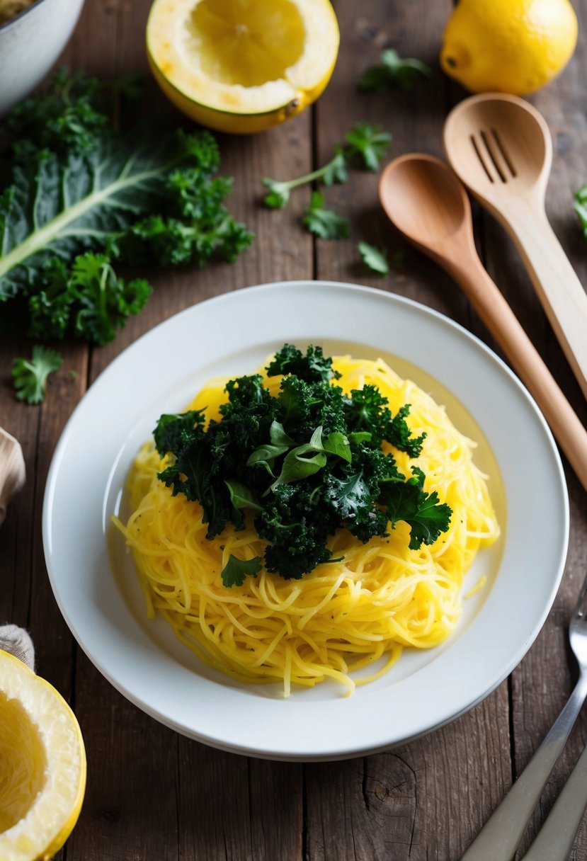 A steaming plate of lemon garlic spaghetti squash topped with sautéed kale sits on a rustic wooden table, surrounded by fresh ingredients and cooking utensils