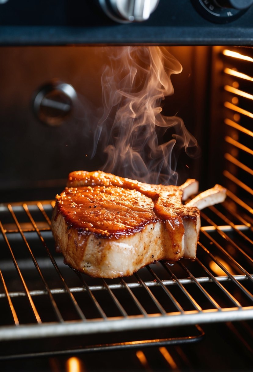 A sizzling sirloin chop sits on a wire rack in a hot oven, glazed with a sticky brown sugar and bourbon mixture, emitting a mouthwatering aroma