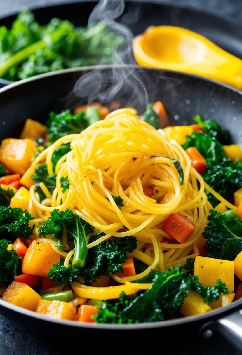 A colorful stir fry sizzling in a pan, featuring spaghetti squash and kale, with vibrant vegetables and steam rising