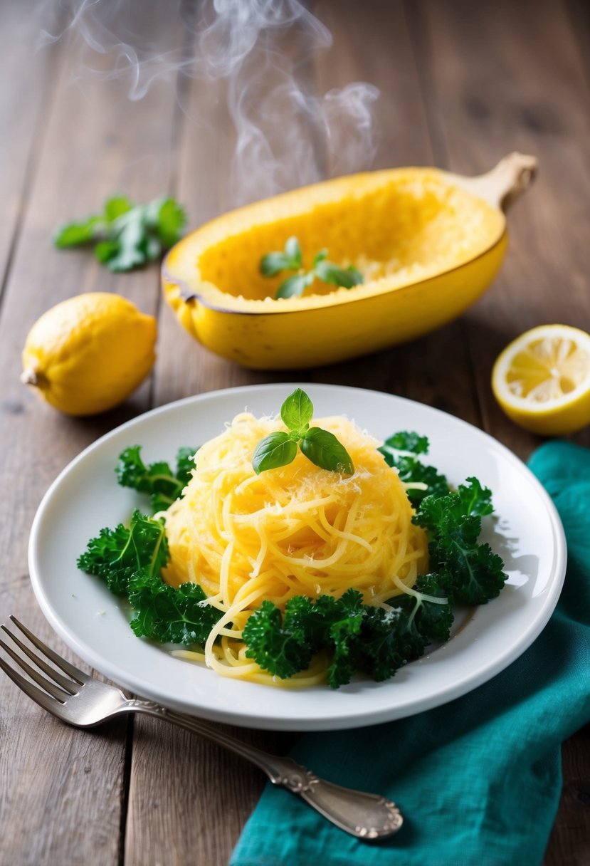 A steaming plate of Parmesan spaghetti squash with vibrant green kale and a squeeze of fresh lemon, ready to be enjoyed