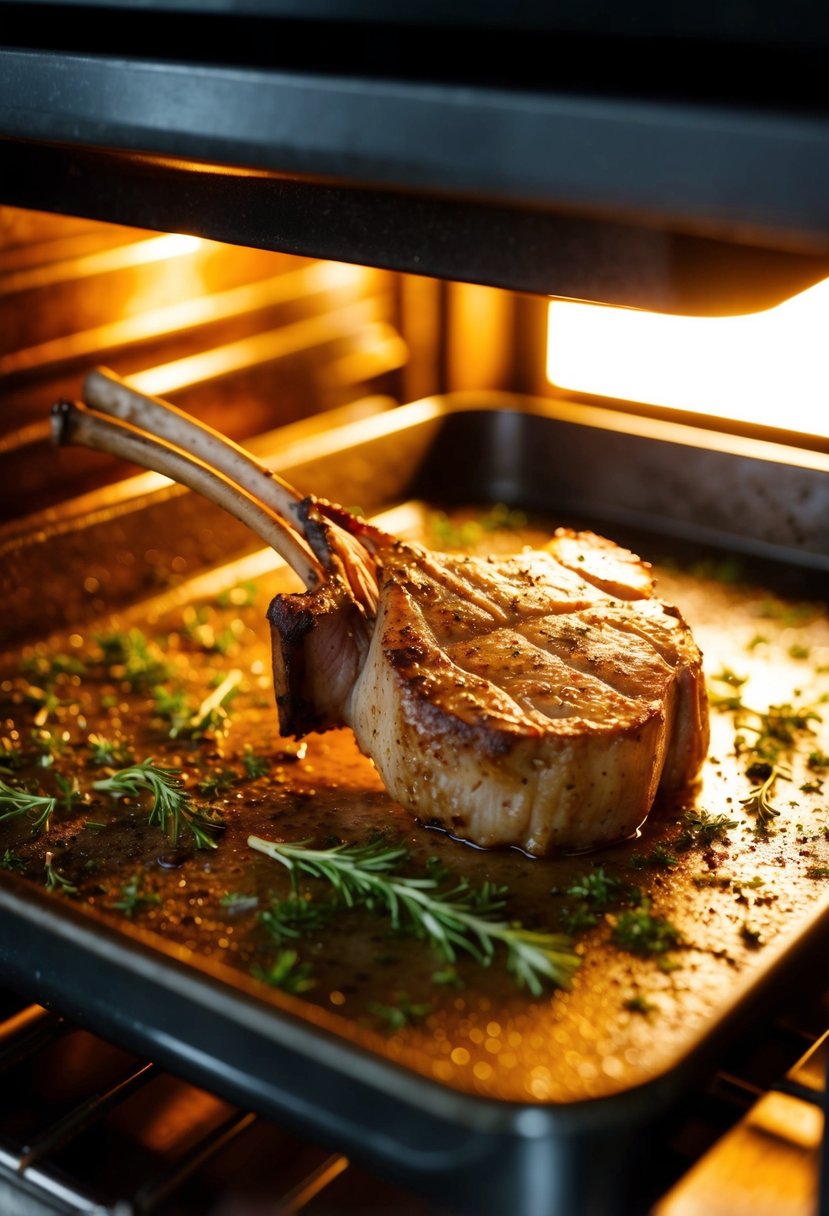 A lamb loin chop sizzling in a hot oven, surrounded by herbs and seasonings