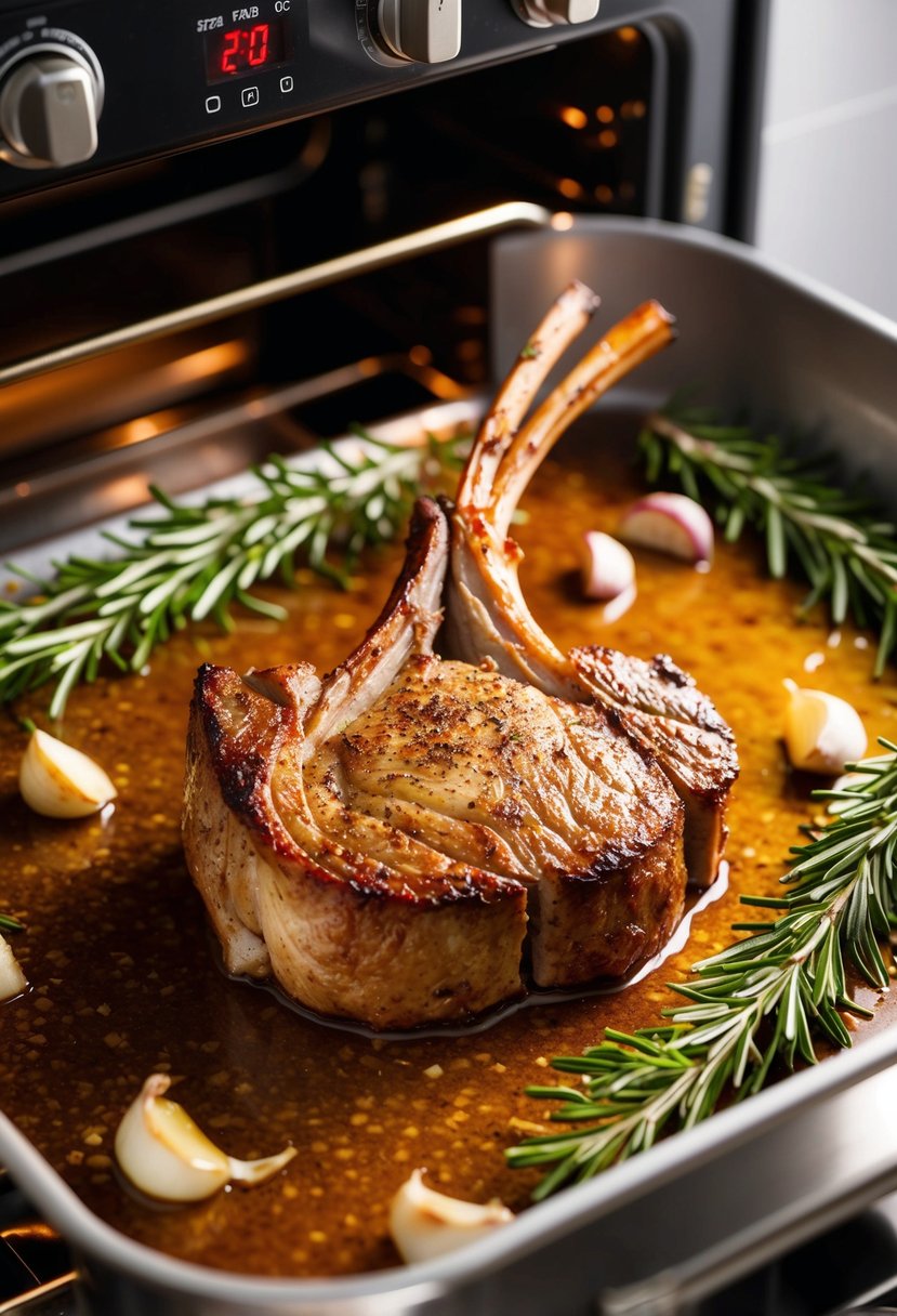 A sizzling lamb loin chop roasting in the oven, surrounded by sprigs of rosemary and garlic cloves