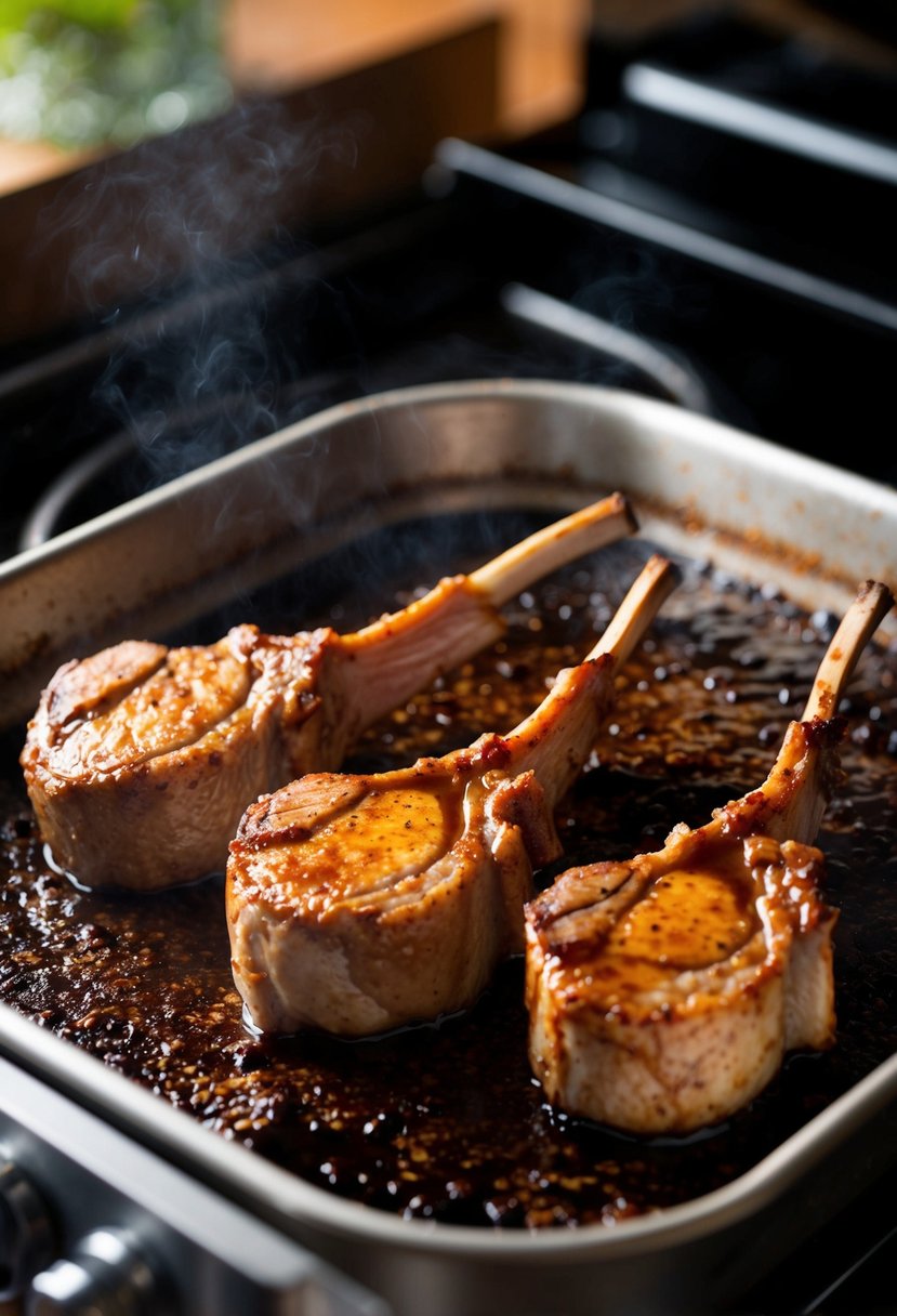 The lamb loin chops are sizzling in the oven, coated with a rich balsamic glaze, creating a mouthwatering aroma