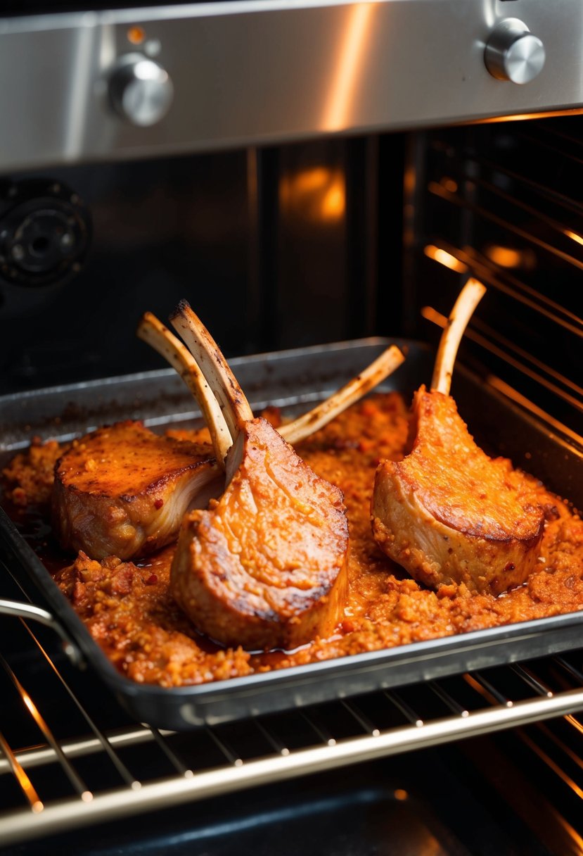 A lamb loin chop sizzling in the oven, coated in spicy harissa sauce