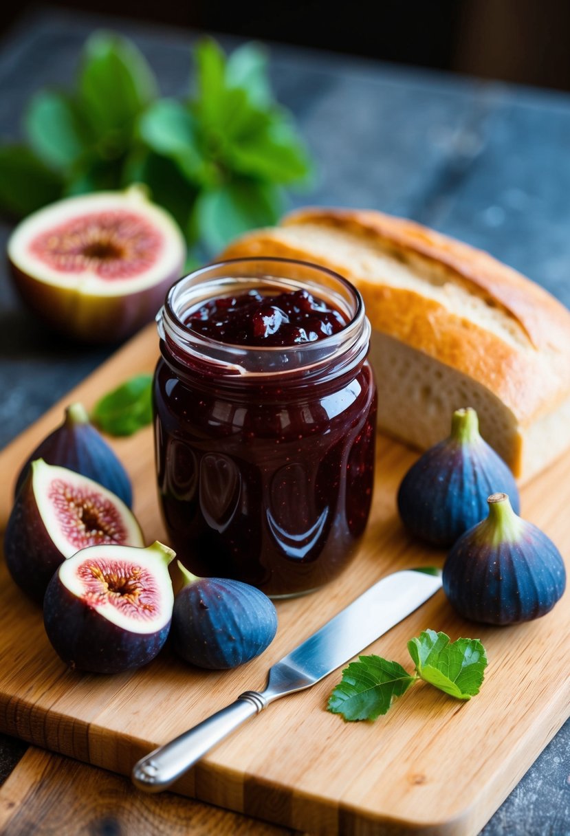 A jar of fig jam surrounded by fresh figs, a loaf of bread, and a spreader on a wooden cutting board