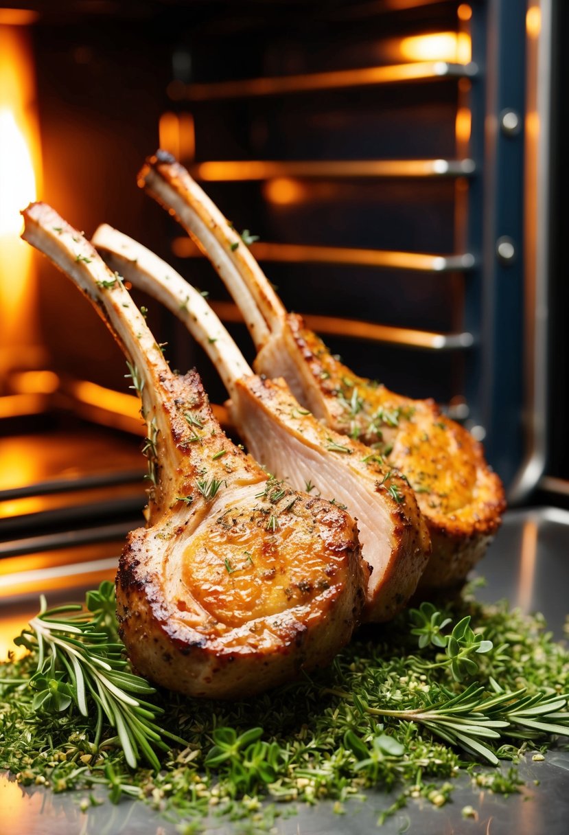 A golden-brown lamb loin chop sits on a bed of fresh herbs, surrounded by a scattering of rosemary and thyme sprigs. The oven's warm glow highlights the herb-crusted exterior of the succulent meat