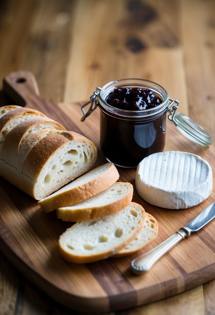 A wooden cutting board with sliced baguette, a jar of fig jam, and a wheel of brie cheese