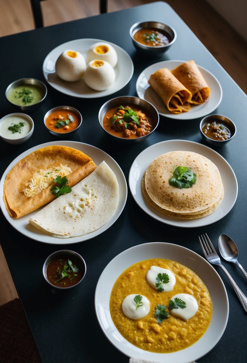 A table set with various Indian breakfast dishes, including idli, dosa, and upma, accompanied by chutney and sambar