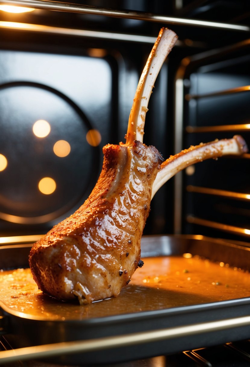 A sizzling lamb loin chop, coated in maple dijon glaze, roasting in the oven