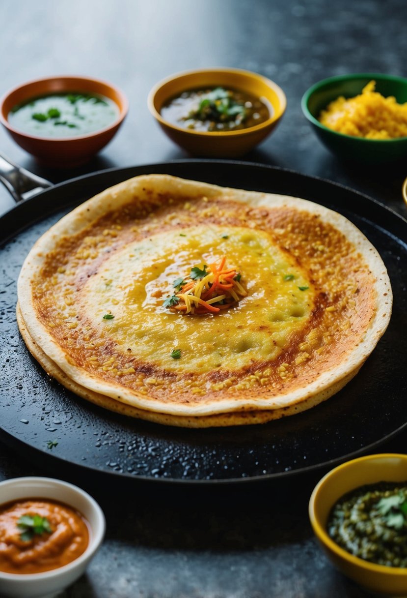 A sizzling masala dosa on a hot griddle, surrounded by colorful bowls of chutney and sambar