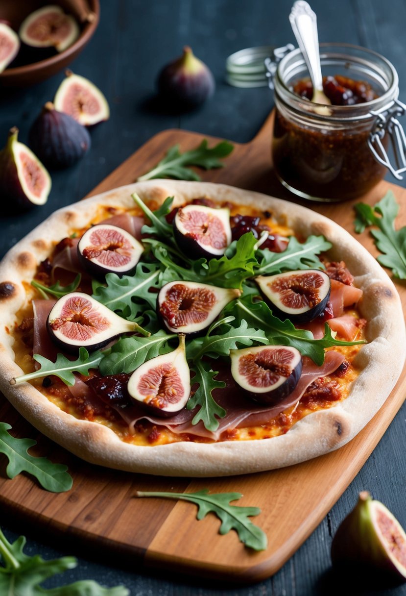 A rustic pizza topped with prosciutto, fig jam, and fresh arugula, set on a wooden cutting board with scattered figs and a jar of fig jam