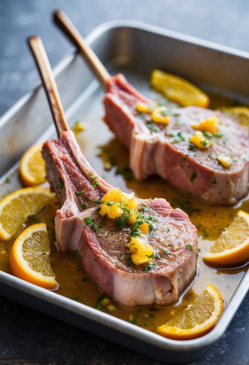 A lamb loin chop marinating in a citrus-infused mixture, placed on a baking tray ready to be cooked in the oven