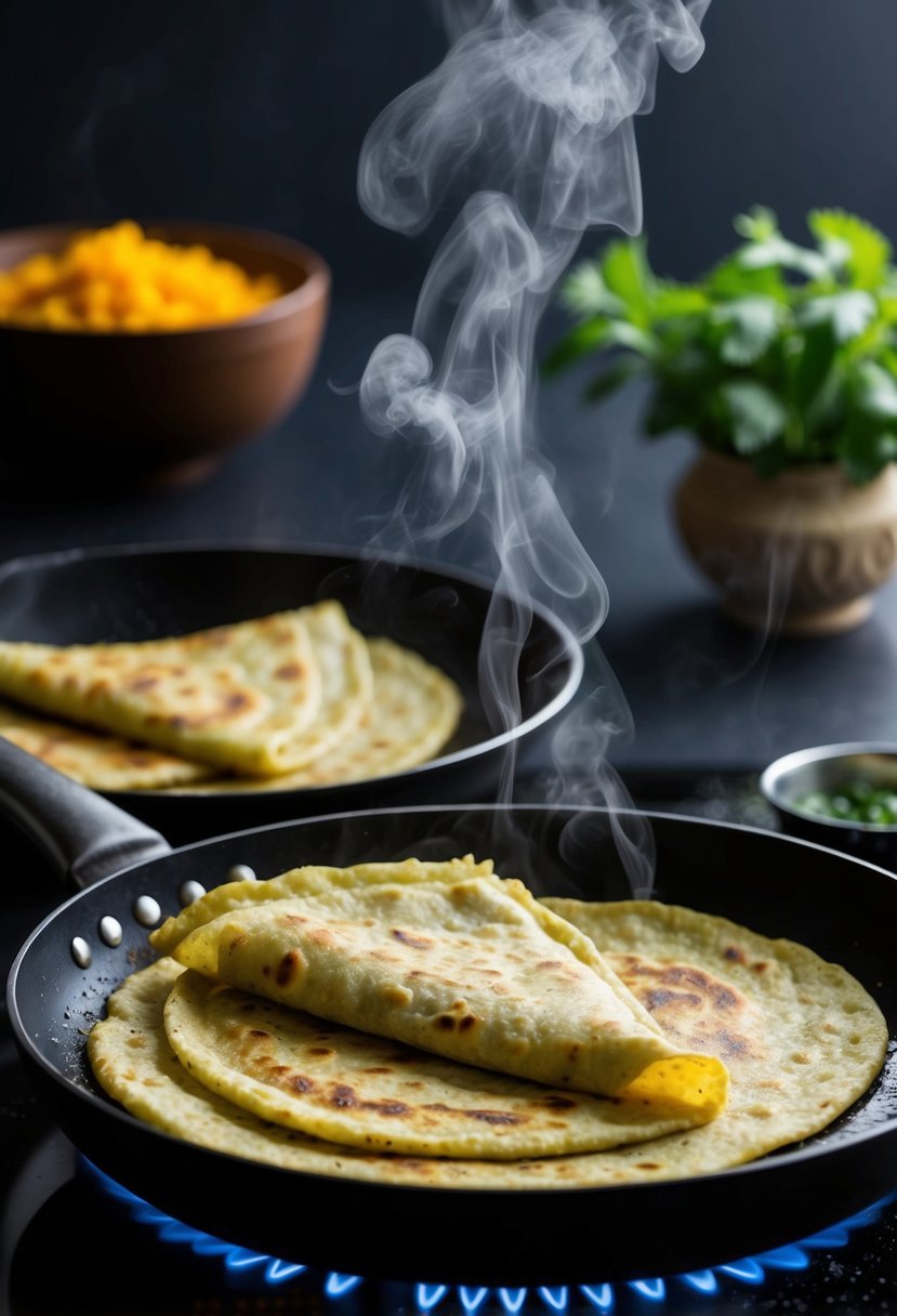 Aloo paratha being cooked on a sizzling hot pan, with steam rising and a fragrant aroma filling the air