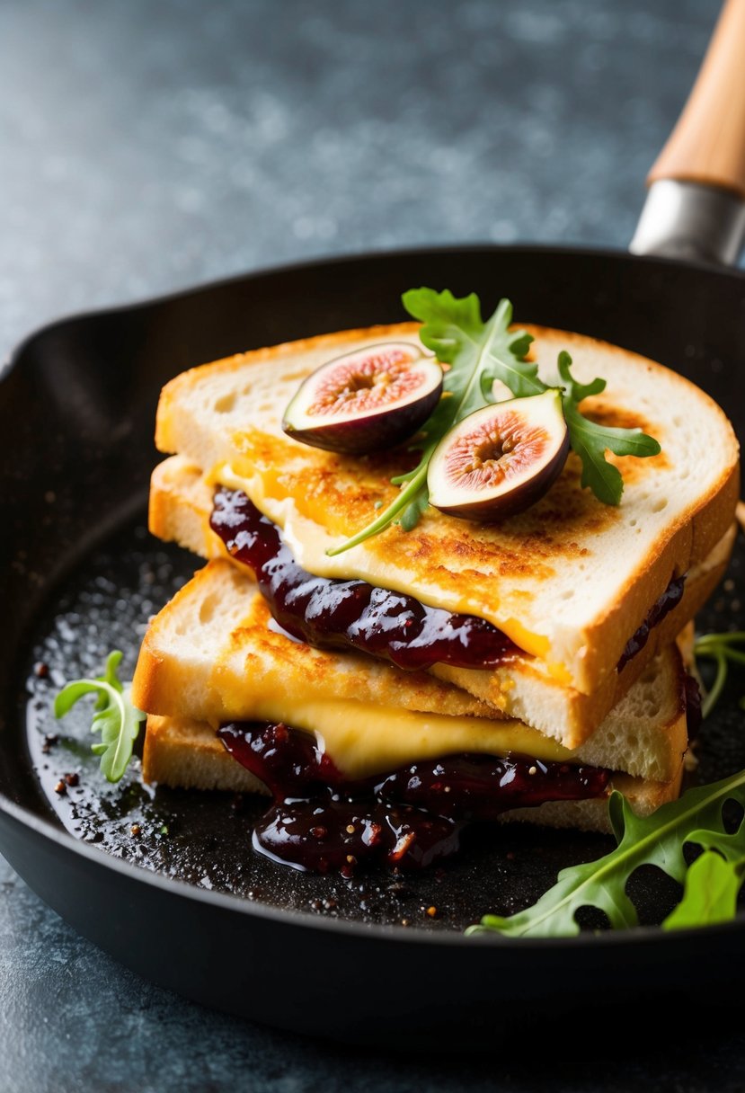 A golden grilled cheese sandwich oozing with fig jam, topped with fresh arugula leaves, sizzling on a hot skillet