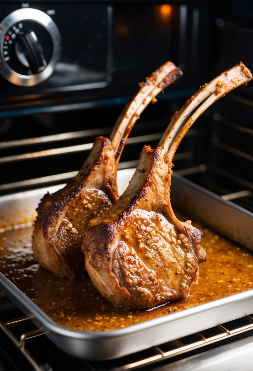 A sizzling lamb loin chop sizzling in the oven, coated in a savory ginger soy marinade