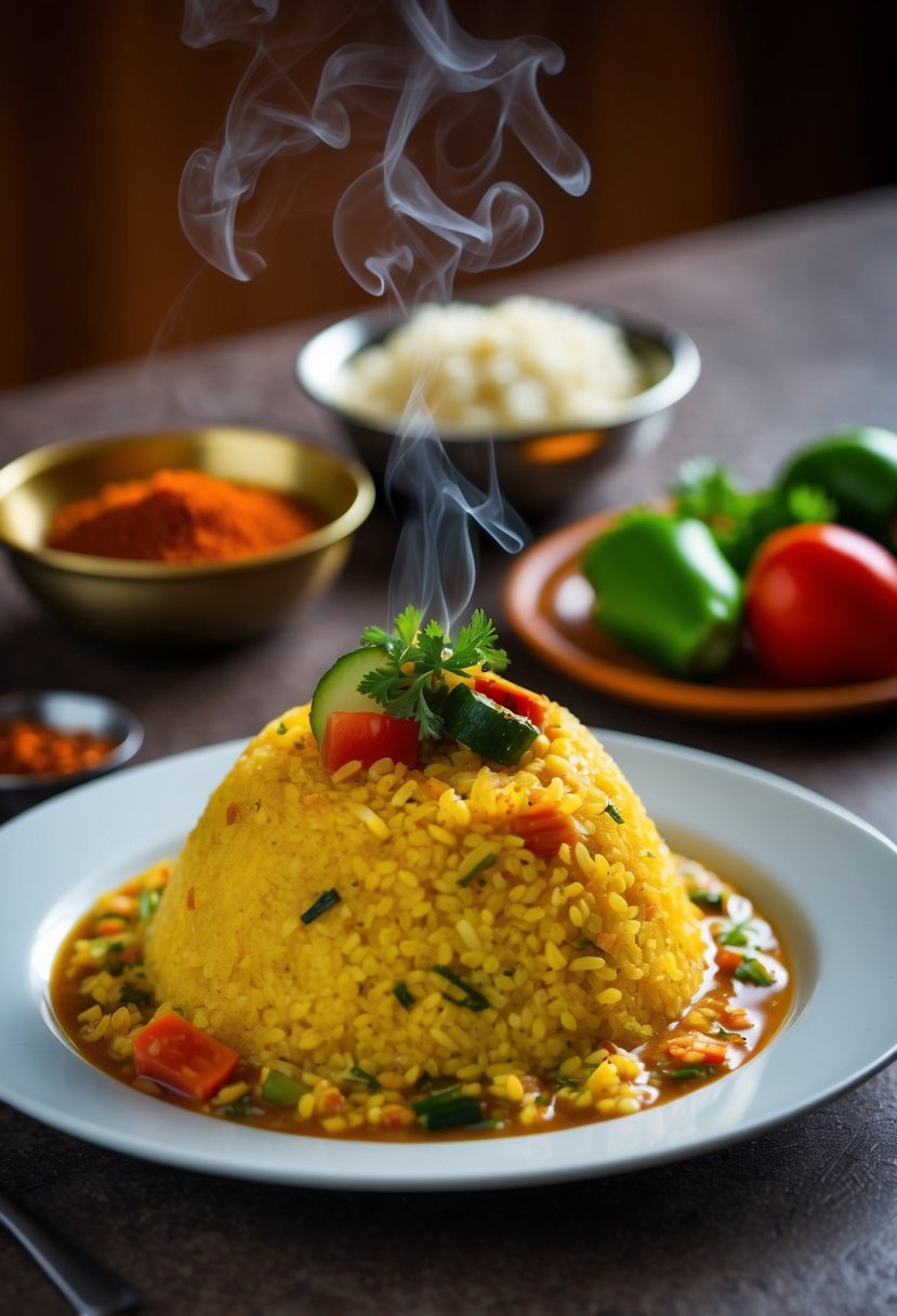 A steaming plate of Upma with colorful vegetables and spices