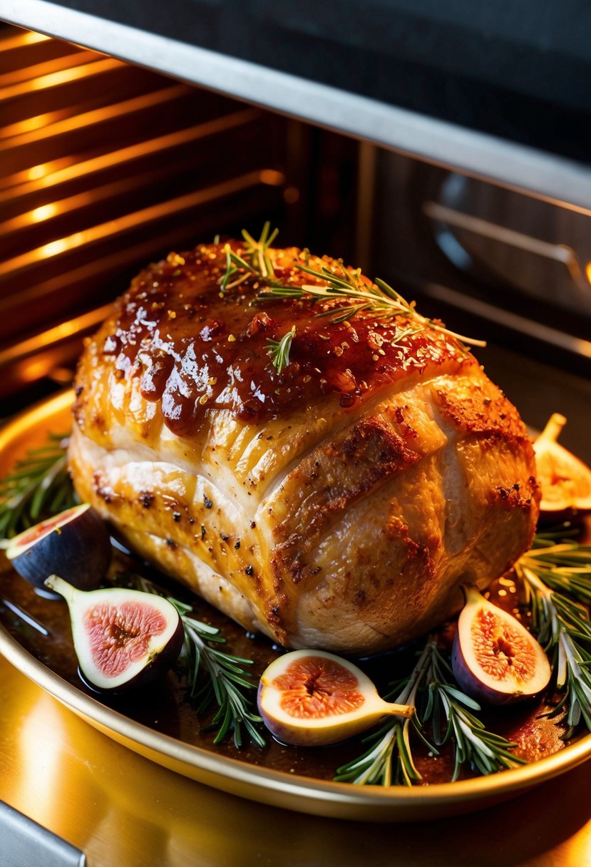 A succulent pork roast glistening with a rich fig jam glaze, surrounded by fresh figs and sprigs of rosemary, roasting in a golden oven