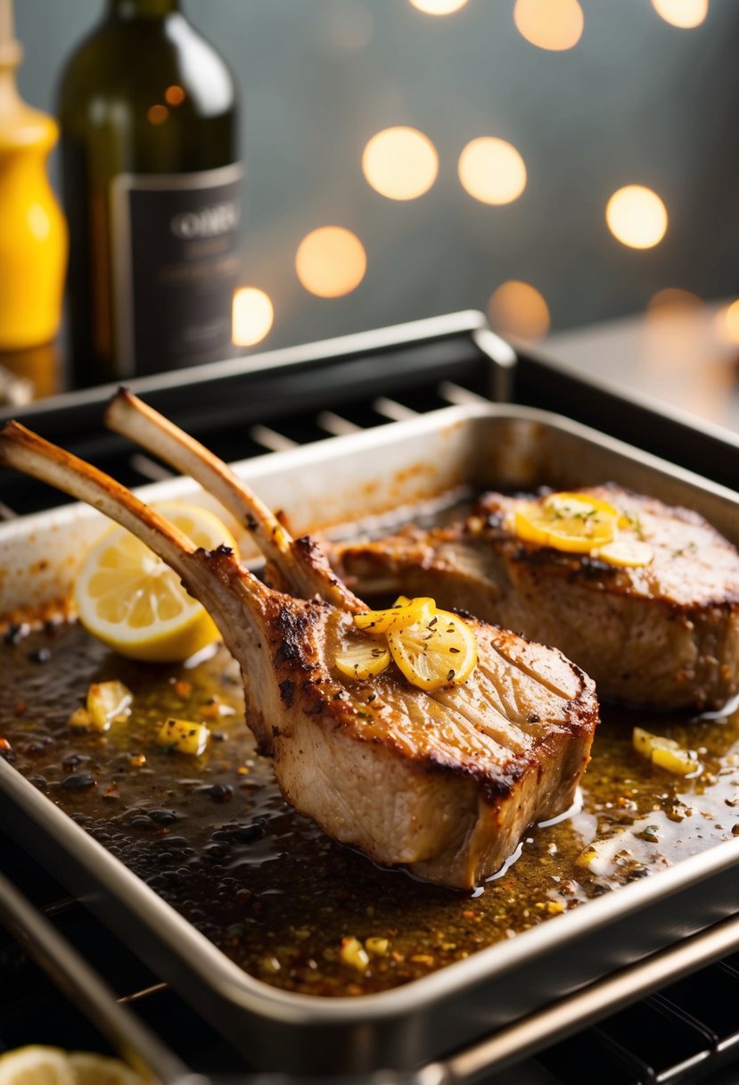 A sizzling lamb loin chop roasting in the oven, coated in a zesty lemon and garlic marinade