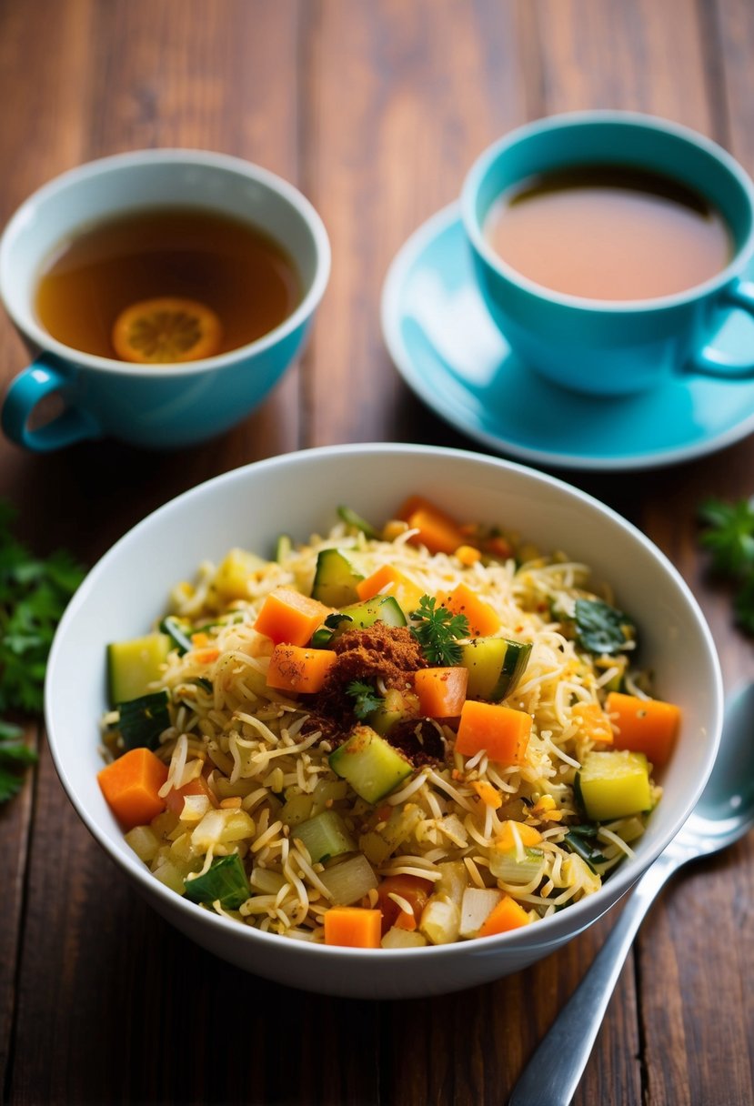 A bowl of poha with diced vegetables and spices, accompanied by a cup of chai tea on a wooden table