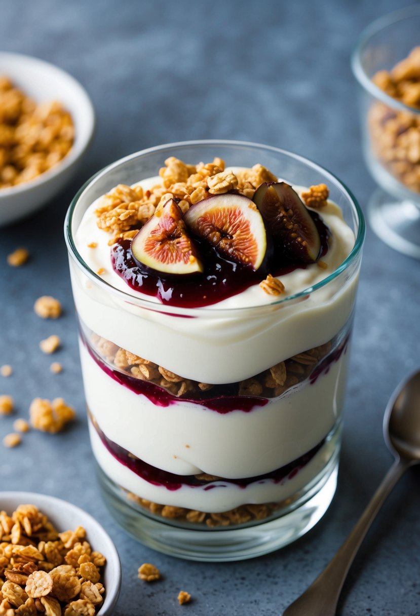 A glass parfait dish layered with creamy yogurt, topped with swirls of sweet fig jam, and sprinkled with crunchy granola