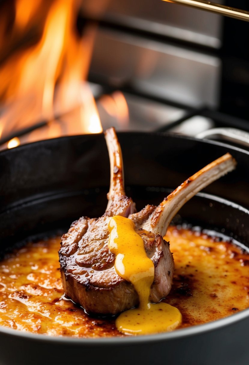 A lamb loin chop sizzling in the oven with a honey mustard glaze