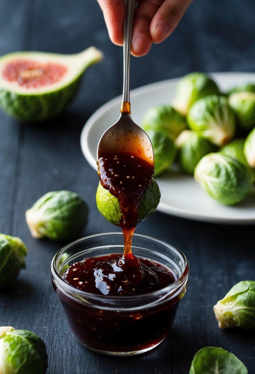 Brussels sprouts being drizzled with fig jam