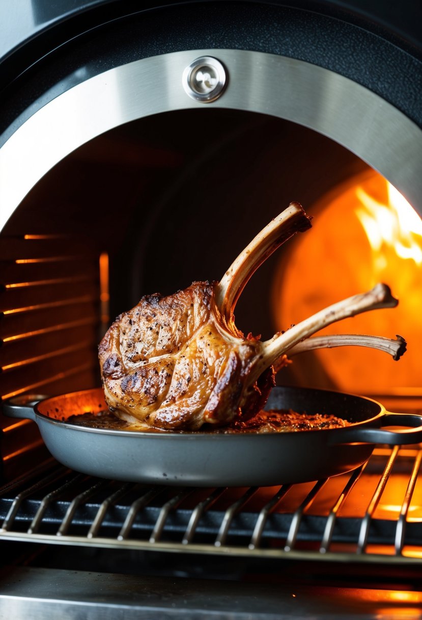 A sizzling lamb loin chop roasting in a Greek-style oven