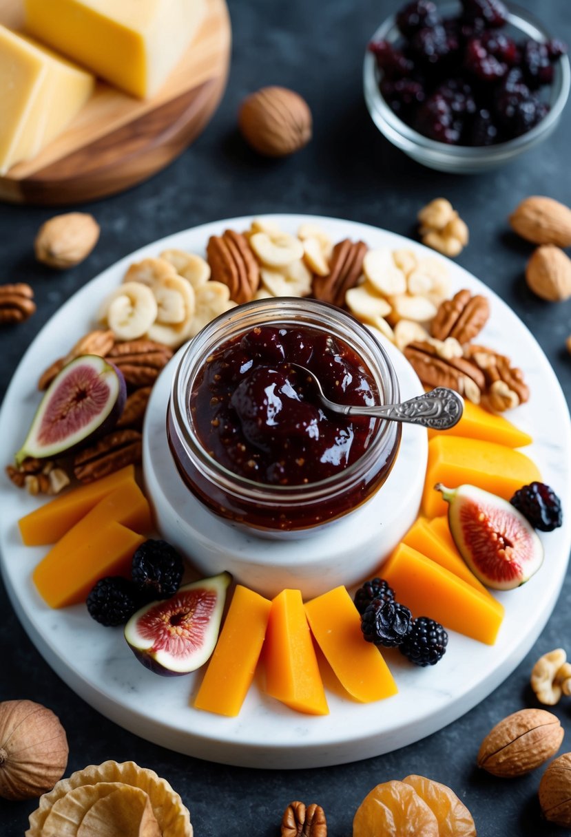 A cheese board adorned with fig jam, surrounded by a variety of nuts and dried fruits