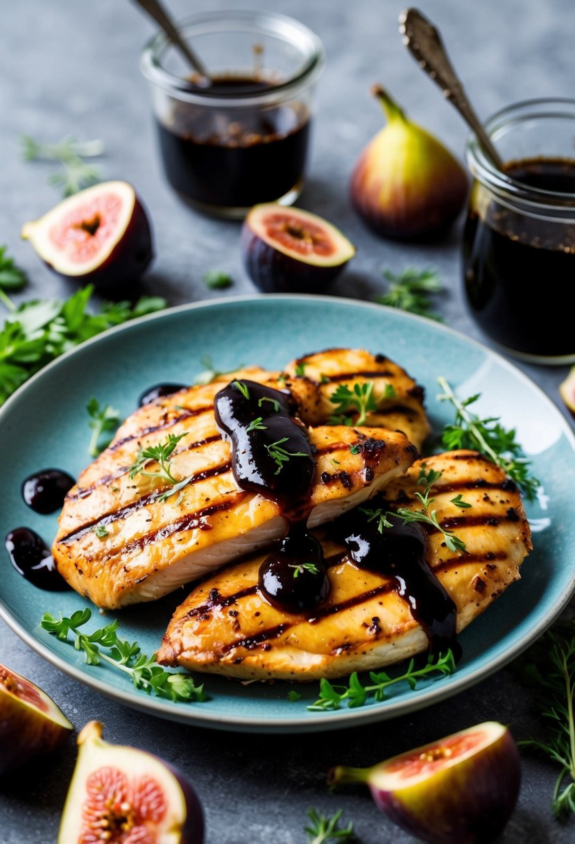 A plate of grilled chicken drizzled with fig jam and balsamic glaze, surrounded by fresh figs and herbs