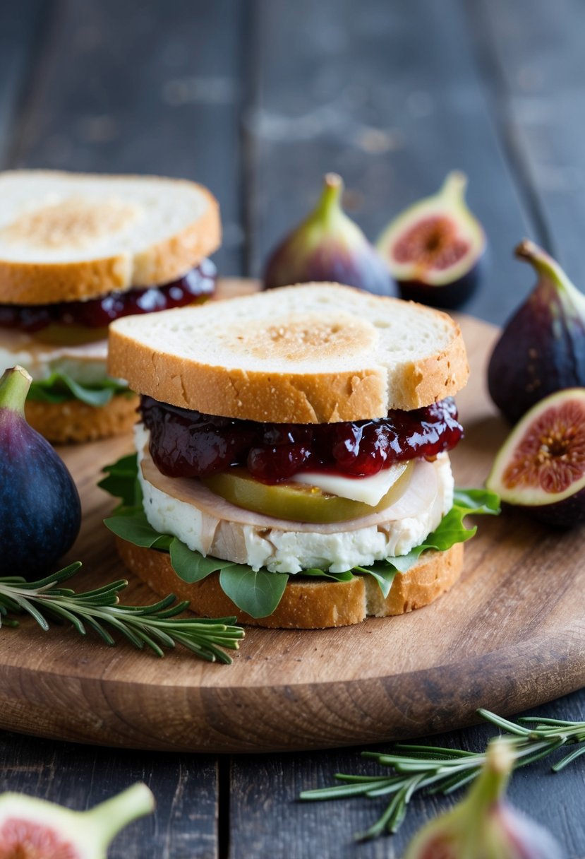 A turkey sandwich with fig jam and goat cheese, surrounded by fresh figs and a sprig of rosemary on a rustic wooden cutting board