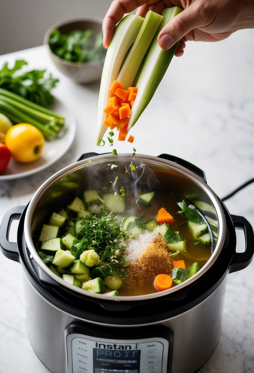 A variety of fresh vegetables being chopped and added to a steaming Instant Pot filled with broth and seasonings