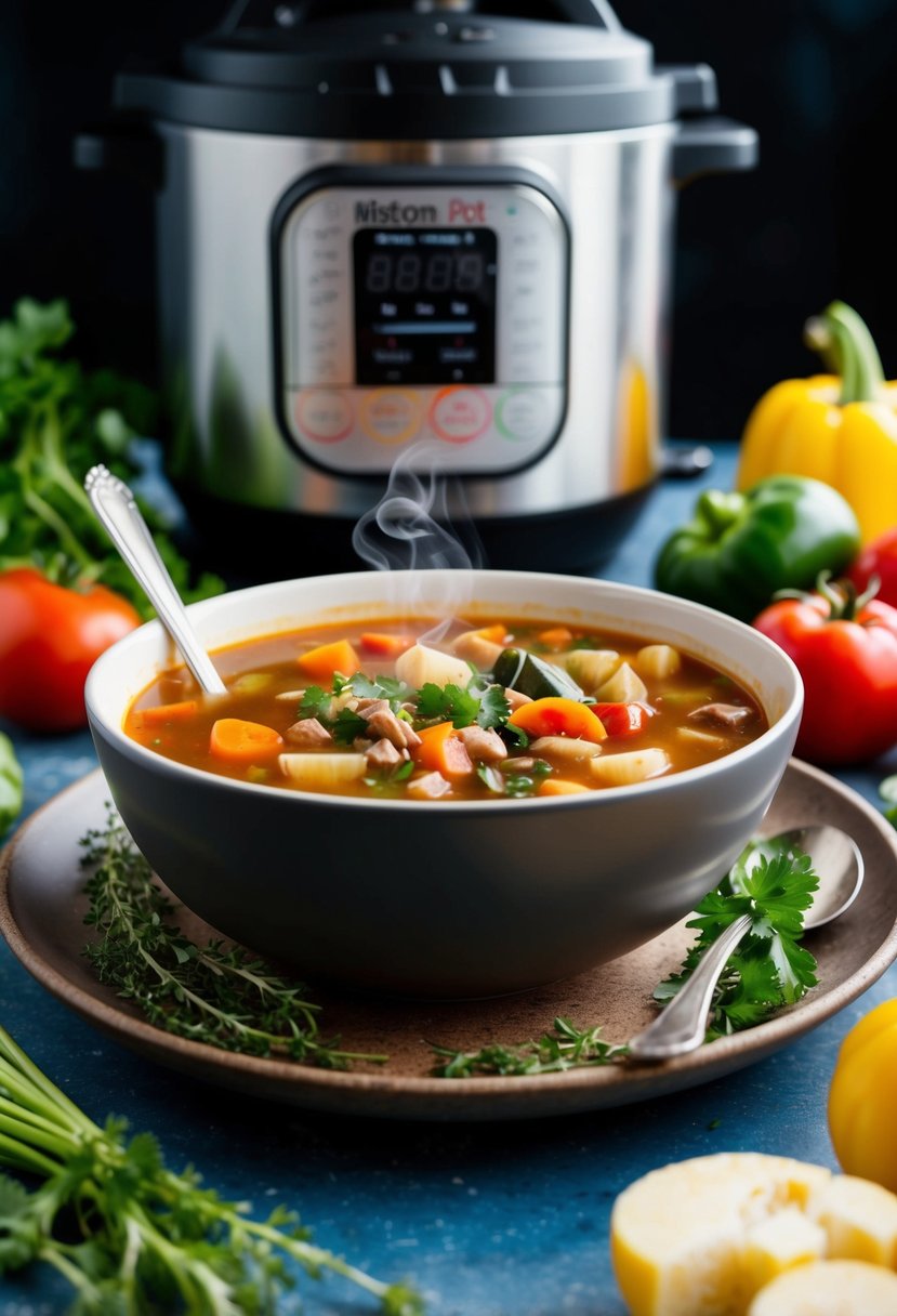 A steaming bowl of minestrone soup surrounded by colorful vegetables and herbs, with an instant pot in the background