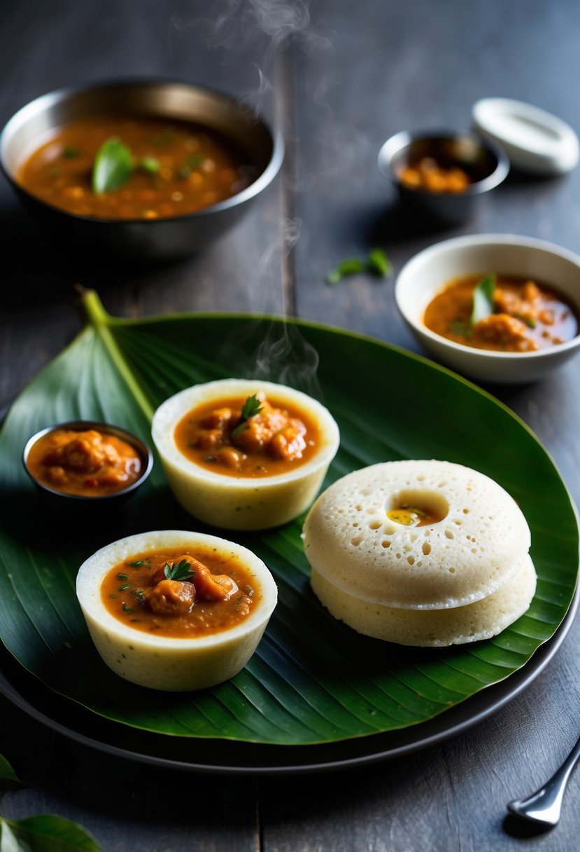 A steaming plate of idli with sambar and chutney on a banana leaf