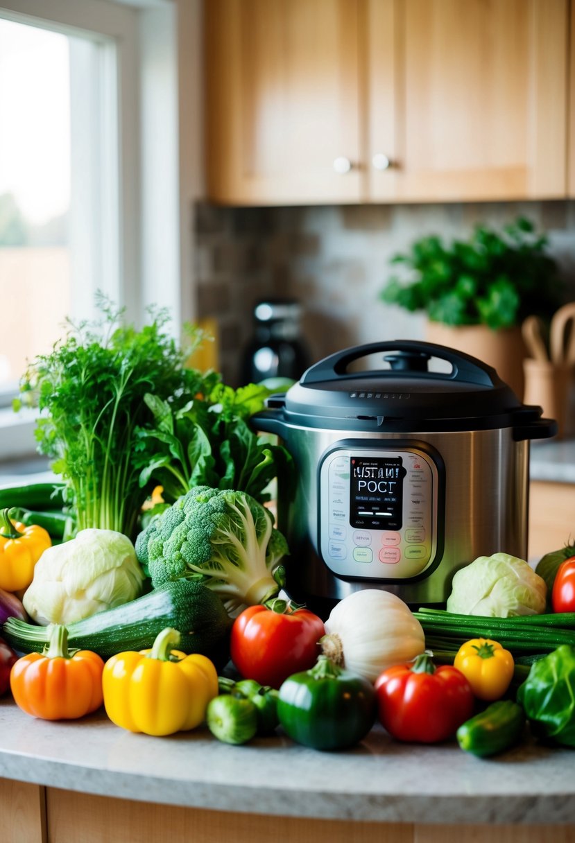 A colorful array of fresh, chunky garden vegetables arranged on a kitchen counter next to an Instant Pot