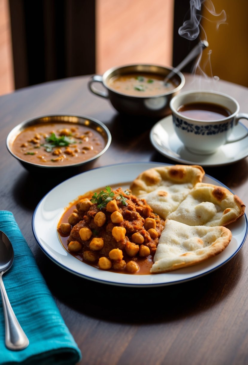 A table set with a plate of Chole Bhature, accompanied by a bowl of spicy chickpea curry and fluffy fried bread. A steaming cup of chai completes the scene