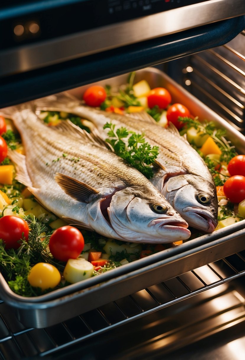 A whole grouper fish surrounded by herbs and vegetables, baking in the oven