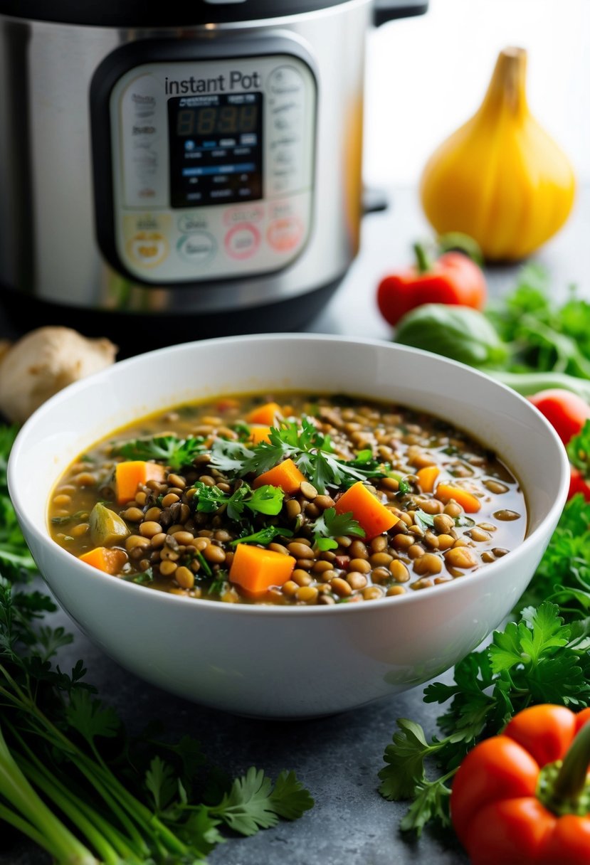 A steaming bowl of hearty lentil soup surrounded by fresh vegetables and herbs, with an instant pot in the background