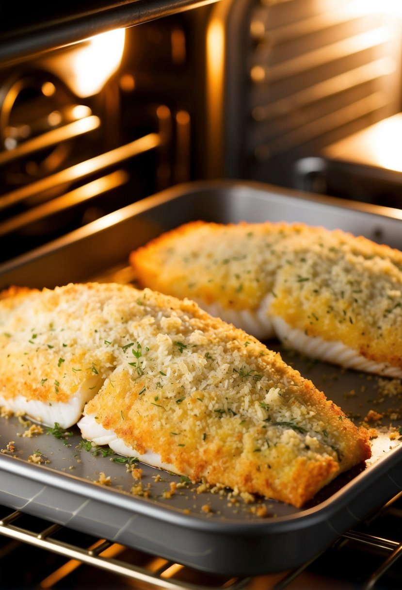 A golden-brown Parmesan herb-crusted grouper fillet baking in the oven