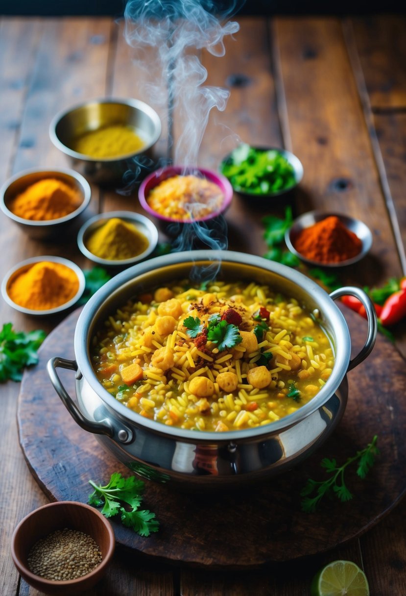 A steaming pot of sabudana khichdi surrounded by colorful spices and fresh ingredients on a rustic wooden table