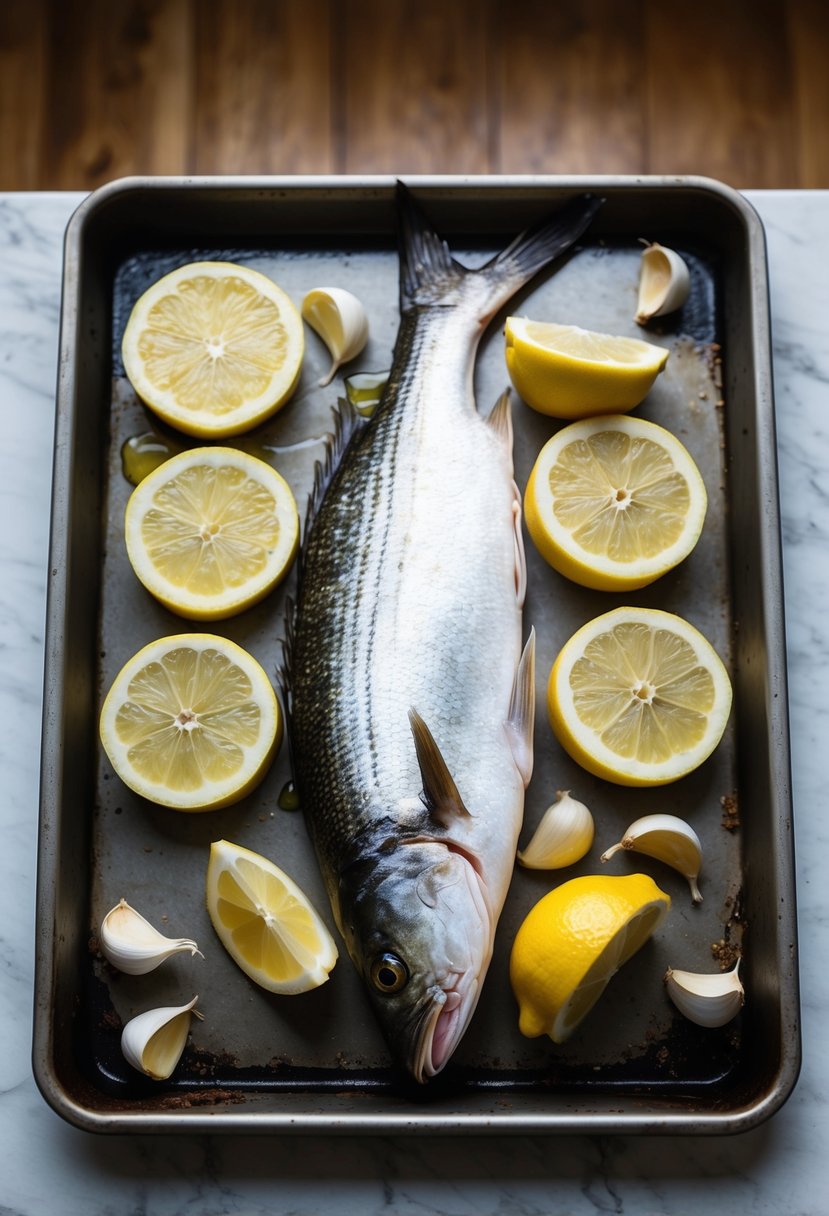 A fresh whole grouper fish surrounded by lemon slices and garlic cloves, placed on a baking tray ready to be baked in the oven