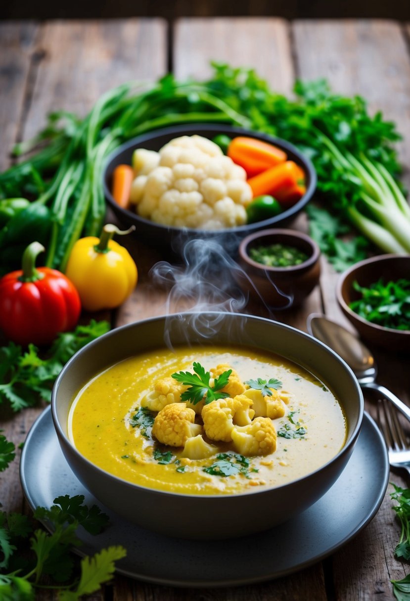 A steaming bowl of curried cauliflower soup surrounded by fresh vegetables and herbs on a rustic wooden table