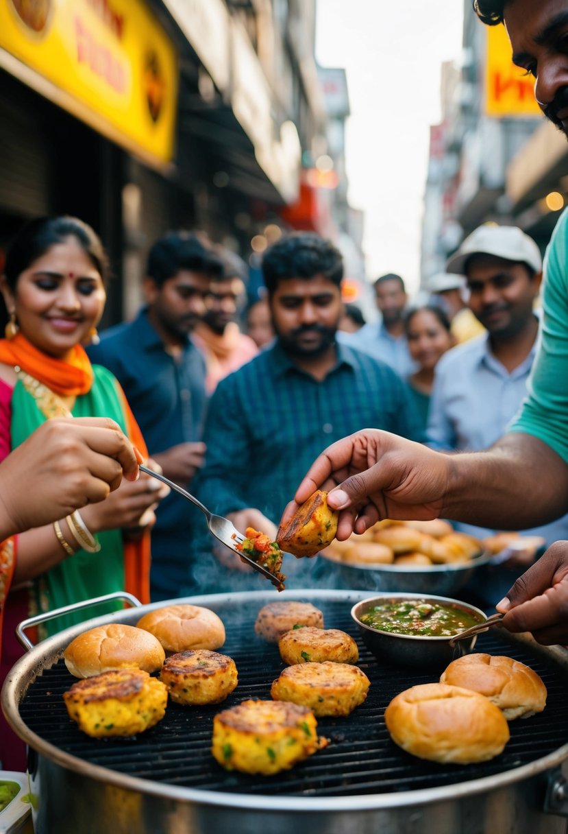 A street vendor grilling spicy potato patties, assembling them with soft buns and chutney, surrounded by eager customers