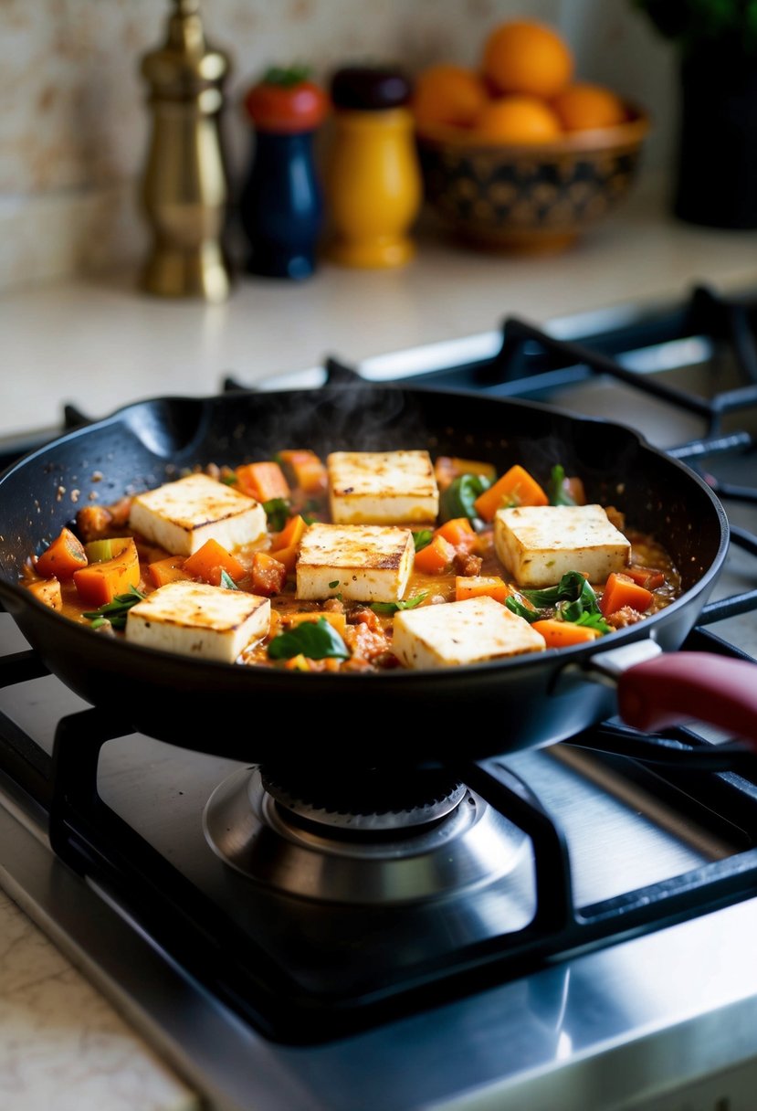 A sizzling skillet with spiced paneer and vegetables cooking on a stovetop