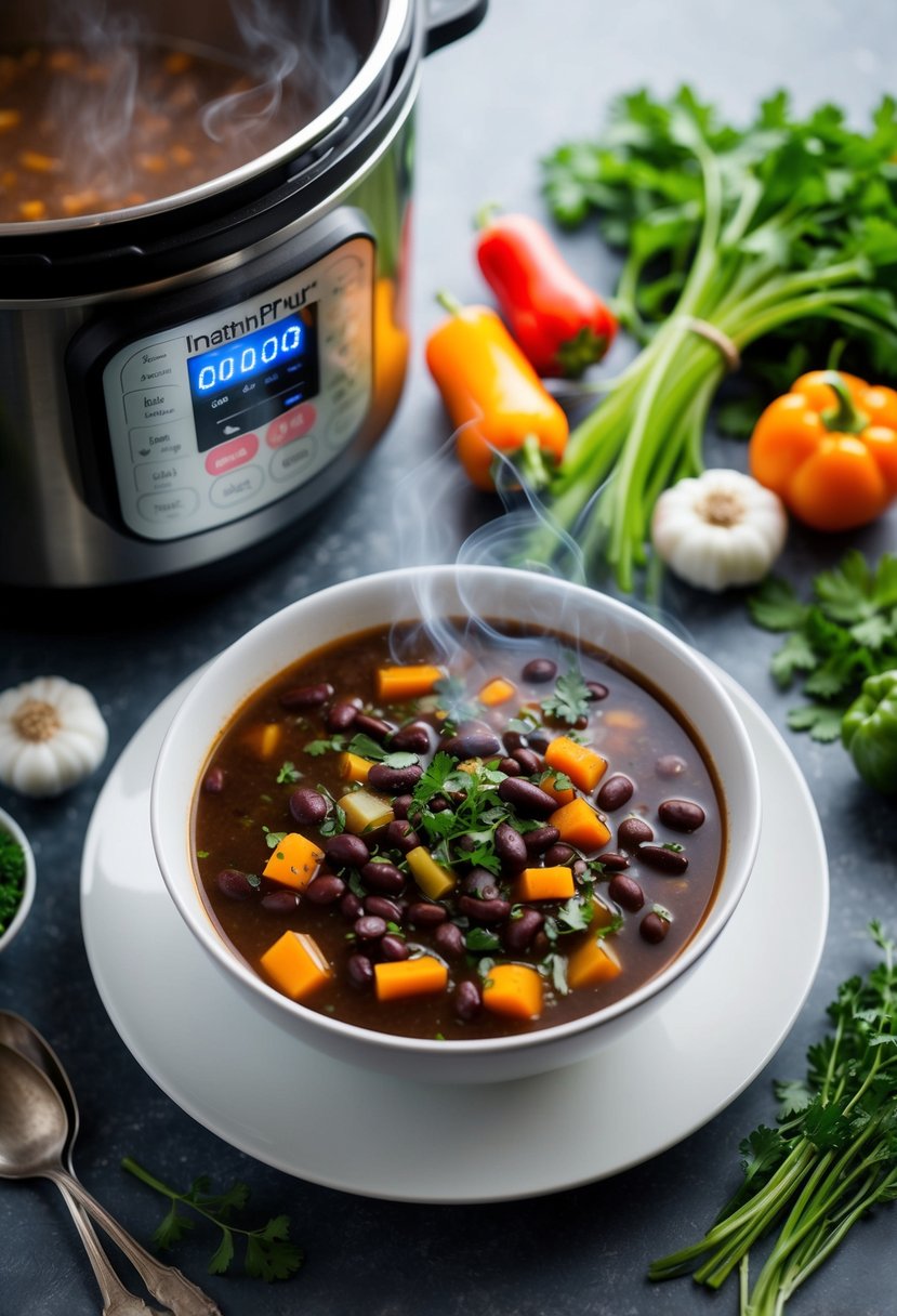 A steaming bowl of smoky black bean soup surrounded by colorful vegetables and herbs, sitting next to an Instant Pot