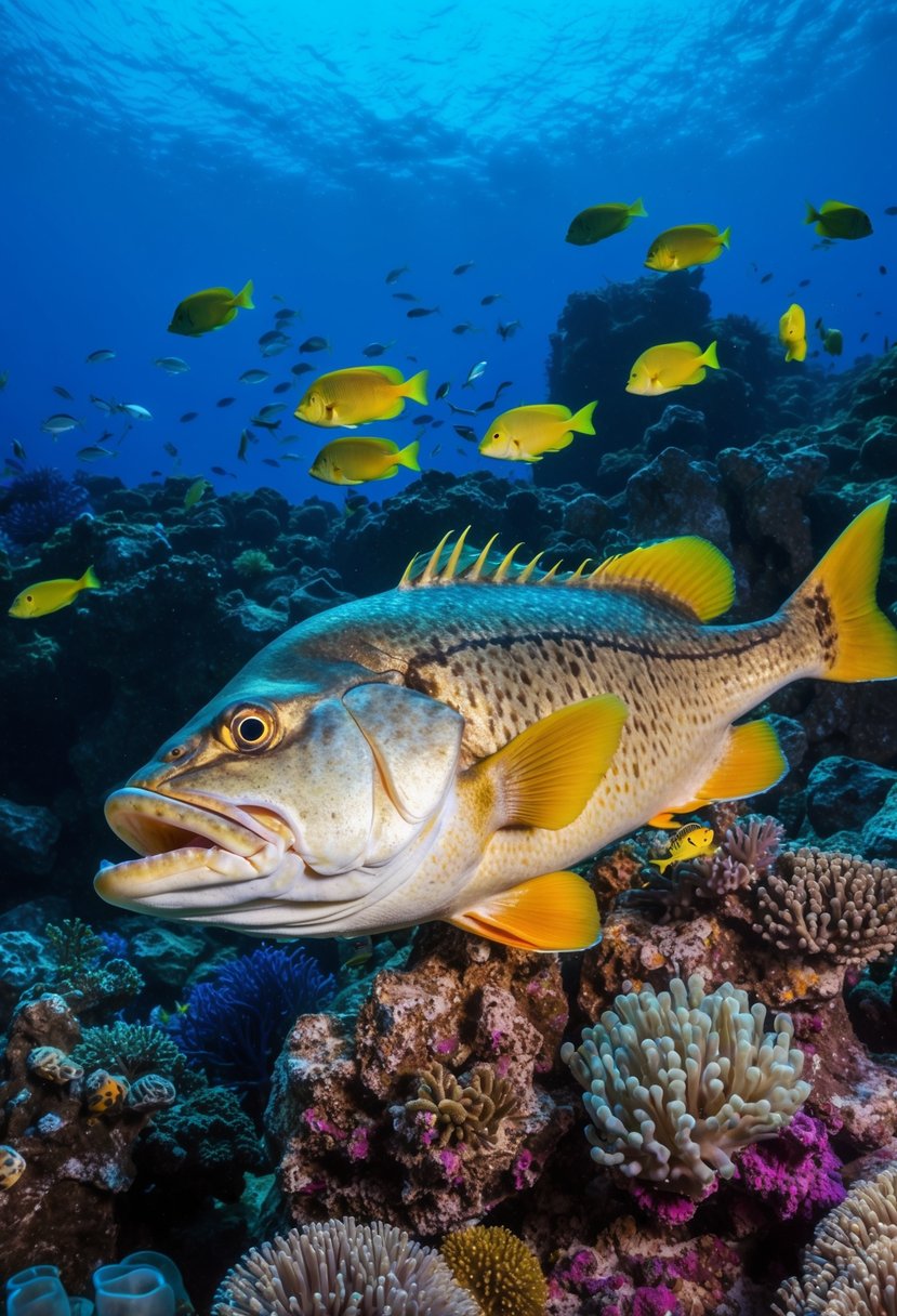 A colorful underwater scene with a Mediterranean reef, featuring a baked grouper fish surrounded by vibrant marine life