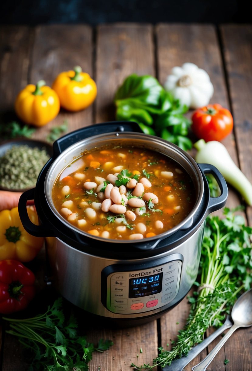 A bubbling instant pot filled with Tuscan bean soup surrounded by fresh vegetables and herbs on a rustic wooden table