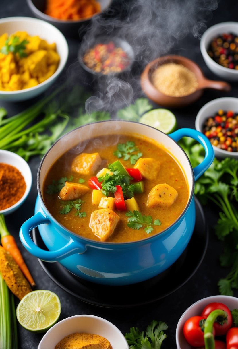 A steaming pot of Besi Bele Bath surrounded by colorful spices and fresh vegetables